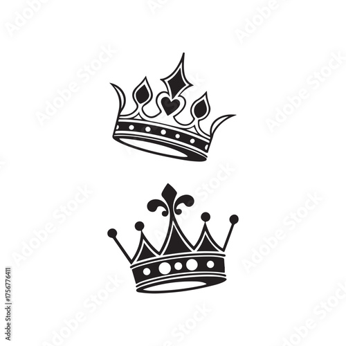Two hand drawn crowns in black ink on white background