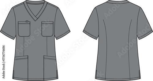 Medical scrub top, short sleeve uniform, hospital clothing, healthcare apparel, nurse outfit, technical drawing, vector fashion, front back view