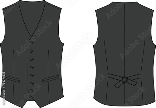 Men’s formal waistcoat flat sketch, V-neck, five buttons, welt pockets, cinch strap back, tailored fit, fashion design vector