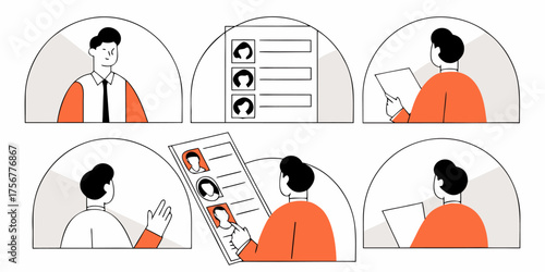 Selection Process Illustration Featuring Candidates Review, Voting, Interview, Job Applications and Recruitment Decisions