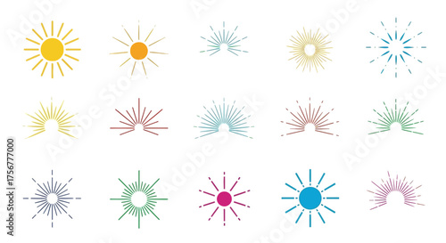 Illustration featuring fifteen sunburstrays designs in varying colors and configurations spread across a white background