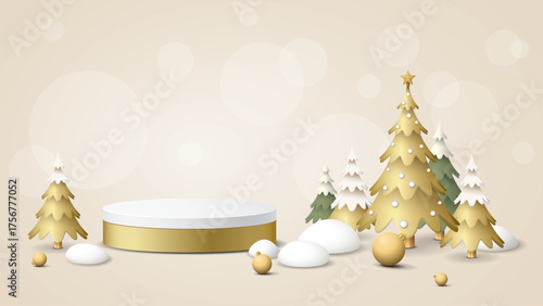3D blank rounded podium with decorated golden Christmas trees and element on beige background graphic illustration.