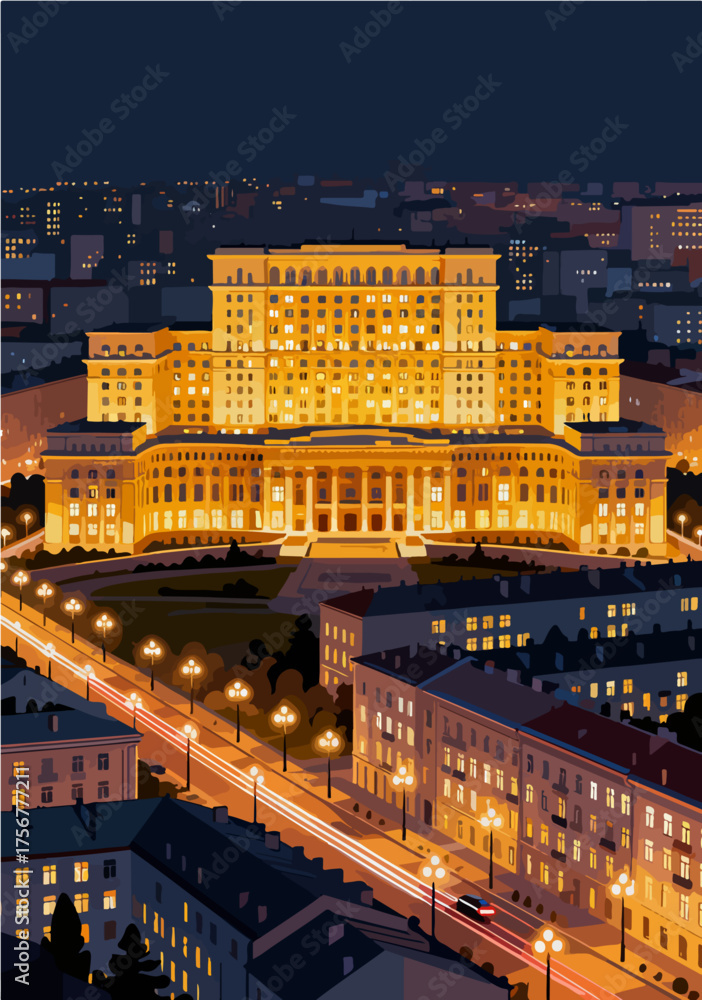 Naklejka premium Vector map of European city night scenery