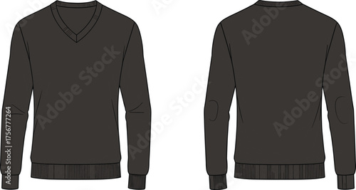 Men’s V-neck sweater flat sketch, long sleeves, ribbed cuffs, elbow patches, knitwear design, fashion template, garment construction vector