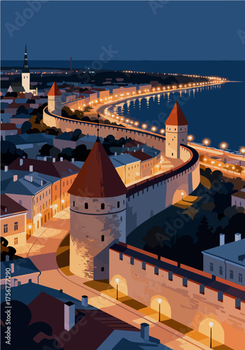 Vector map of European city night scenery