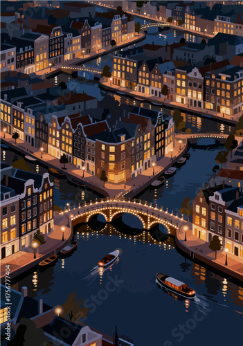 Vector map of European city night scenery