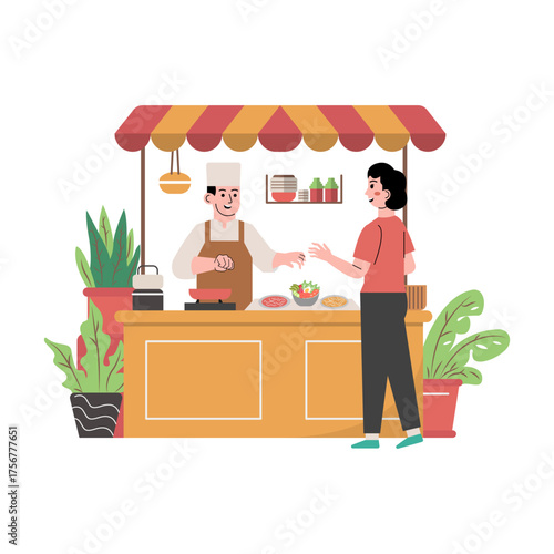 Vector market food stand sellers buyers illustration urban marketplace fresh produce people shopping outdoor bazaar flat style