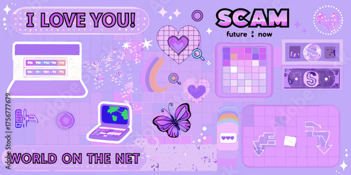 Digital world on the net with i love you and scam messages and money illustrations