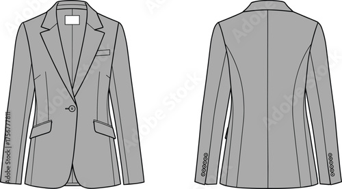 Tailored blazer, fashion illustration, technical sketch, notched lapel, single-button closure, flap pockets, princess seams, sleeve buttons, garment design, vector art