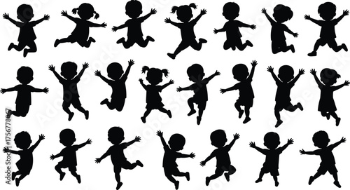 Happy Children Jumping Silhouette Vector Illustration. Kids Playing Silhouettes Set for Design and Art.