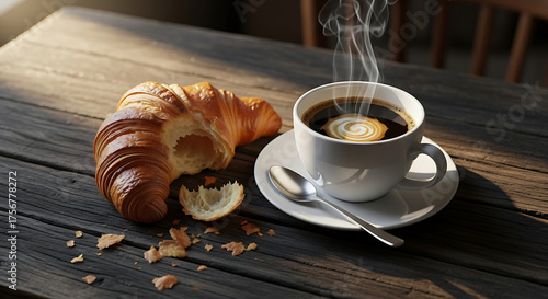 Hot Coffee with Croissant on Rustic Wooden Table in Warm Morning Light