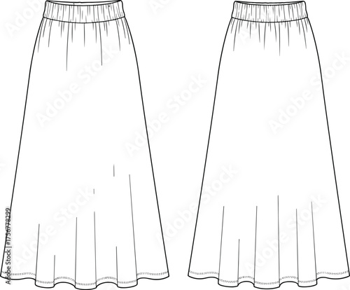 Technical fashion illustration, elastic waistband skirt, flared midi silhouette, garment design sketch, sewing pattern, front view, vector drawing, apparel