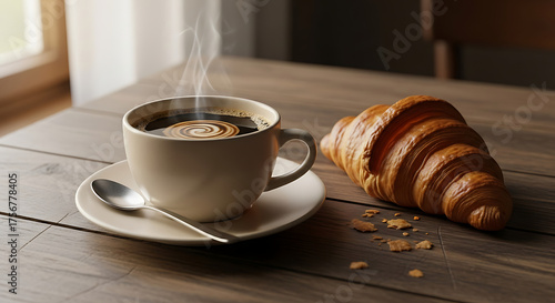 Hot Coffee with Croissant on Rustic Wooden Table in Warm Morning Light
