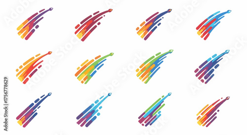 Twelve colorful cometlike shapes diagonally ascend varying hues and saturation against a white background