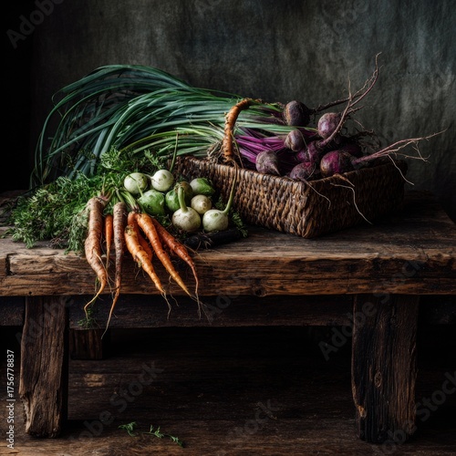 Fresh Organic Vegetables on Rustic Wooden Table Background