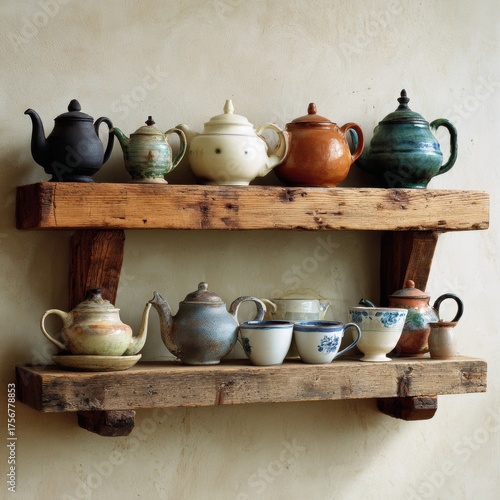Charming Display of Vintage Teapots on Rustic Wooden Shelves