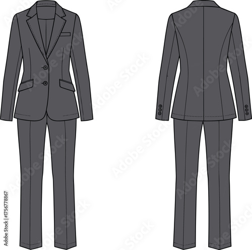 Women’s business suit technical sketch, fashion flat design, tailored blazer and trousers, notched lapel, front and back view illustration