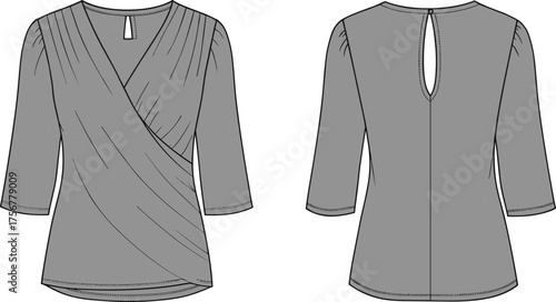 Women's blouse flat sketch, surplice wrap neckline, gathered shoulder, keyhole back, three-quarter sleeves, fashion template, garment design vector