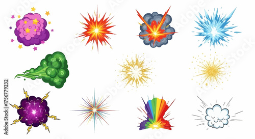 Twelve unique cartoon explosions and puff clouds each a different color and design