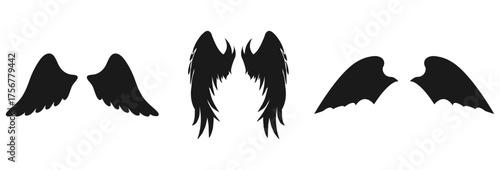Three pairs of silhouette wings including angel wings and bat wings isolated on transparent background isolated on white background