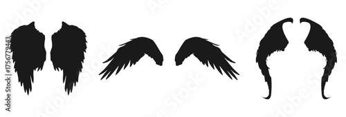 Three pairs of black silhouette wings isolated on transparent background isolated on white background