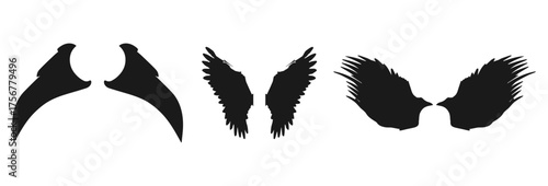 A collection of three pairs of black silhouette wings, including stylized demon-like wings, feathered angel wings, and more abstract wing shapes, all isolated on a clean white background.