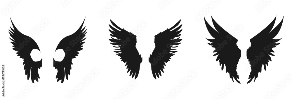 Fototapeta premium Three pairs of black silhouette wings isolated on white background isolated on transparent background