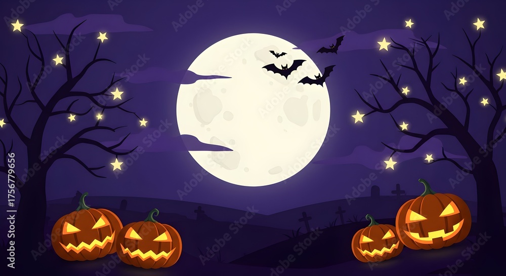 Fototapeta premium Winter purple Halloween background modern design set in paper cut style with Halloween bats, banner space for copy, spooky boo Usable for social media, wallpaper 