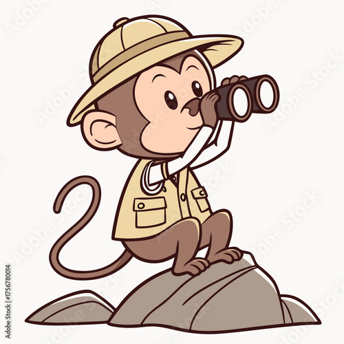 a cute Monkey, a wildlife biologist, with binoculars, on top of a rock.