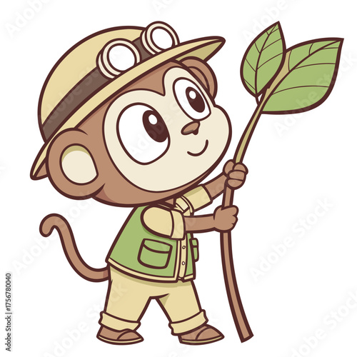 Cute Monkey wildlife biologist holding a stick with a leaf.