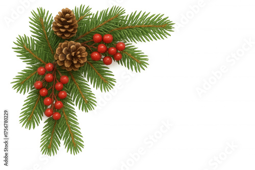 Christmas holiday decoration with pine branches, pinecones, and red berries, transparent background design