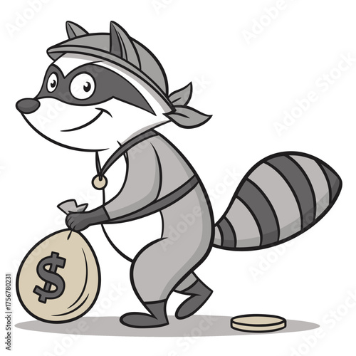A raccoon thief with a cunning face, carrying a money bag, a dollar coin on the floor.