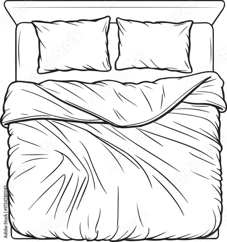 Topdown view of a neatly made bed with pillows and a duvet, , showcasing a cozy and inviting sleeping arrangement in a minimalist style