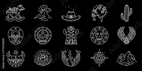Collection of stylized white line art icons representing mexican culture and desert elements on a black background