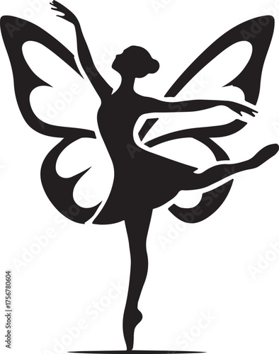 Silhouette of a ballet dancer with butterfly wings in graceful pose