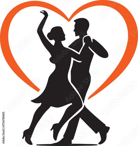 Silhouetted couple dancing passionately within an orange heart shape