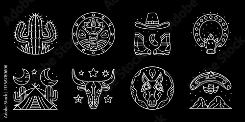 Collection of western and native american inspired line art icons on black background