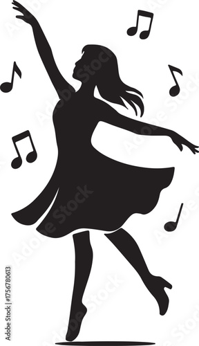 Silhouette of a ballerina dancing with musical notes