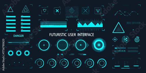 Futuristic user interface elements and data displays in glowing cyan on a dark background