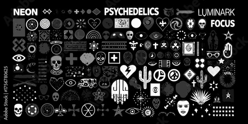 A large collection of abstract and symbolic graphic elements in grayscale for design projects