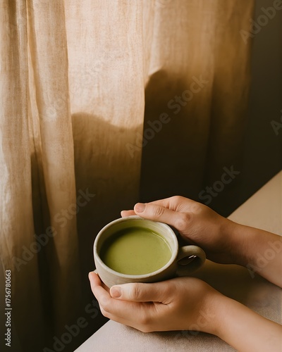 Calm morning matcha ritual by window with sunlight and soft tones