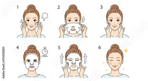 Vector art of woman applying facial sheet mask step by step