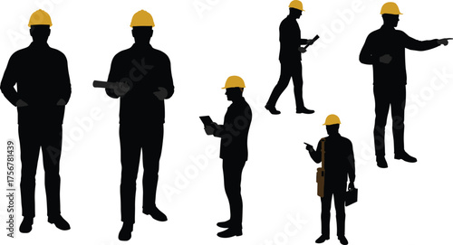 Flat vector, construction engineer silhouettes, hard hat workers, blueprint tablet poses, building site professionals, isolated black figures, occupational posture reference,