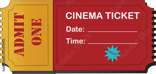 Vintage cinema ticket illustration in gold and red colors with admit one text and classic retro movie design