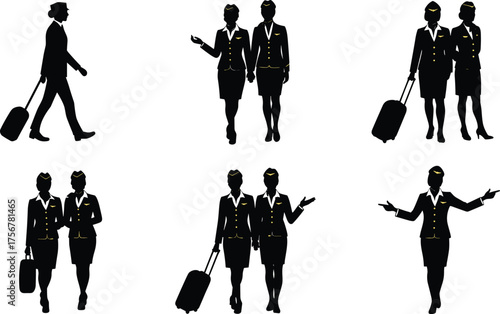 Flat vector, flight attendant silhouettes, airline crew poses, uniform service gestures, luggage walking figures, isolated black shapes, aviation posture reference, travel design, stock illustration
