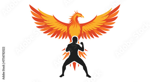 Powerful silhouette warrior embraces fiery phoenix wings symbolizing rebirth strength and transformation ascending triumph isolated on white background