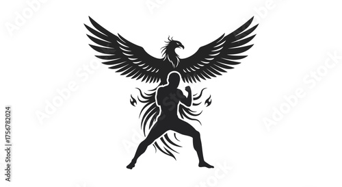 Powerful phoenix rises behind determined fighter symbolizing rebirth resilience and strength silhouette warrior rising above challenges isolated on white background