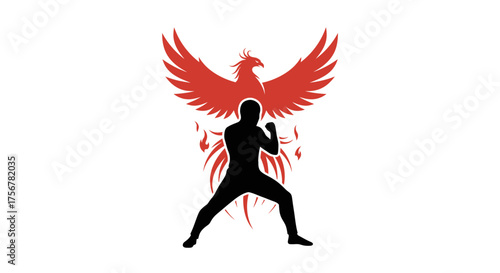 Powerful silhouette fighter with a fiery phoenix emblem symbolizing strength resilience and rebirth in martial arts and combat sports isolated on white background