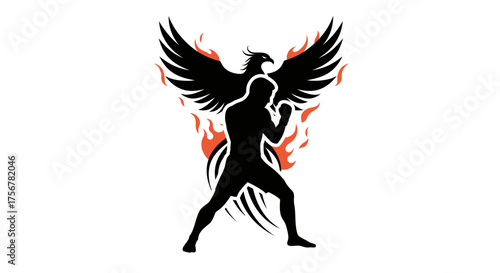 Powerful silhouette of a fighter with fiery phoenix wings symbolizing strength resilience and transformation victory spirit isolated on white background