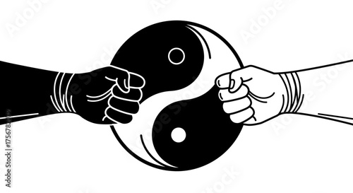 Two hands black and white fist symbols clashing together forming the yin yang symbol concept of balance harmony opposing forces unity isolated on white background